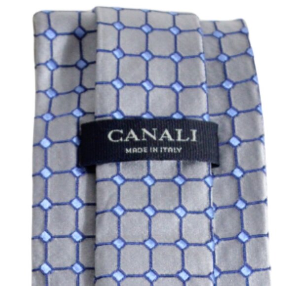 CANALI Tie 100% Silk -Made in Italy- Silver & Blue Square Pattern - Picture 5 of 6